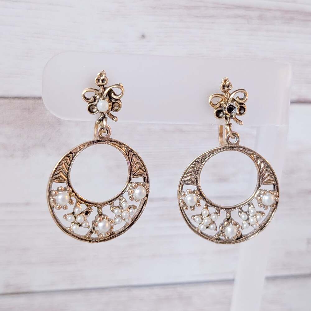 Vintage Screw Back Earrings Ornate Gold Tone & Faux Pearl - Missing Faux Pearls